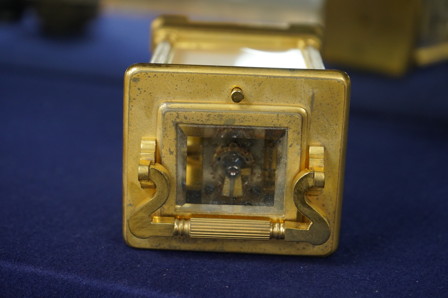 An early 20th century French brass carriage clock, gong-striking with repeat, 13cm high, 16.5cm high